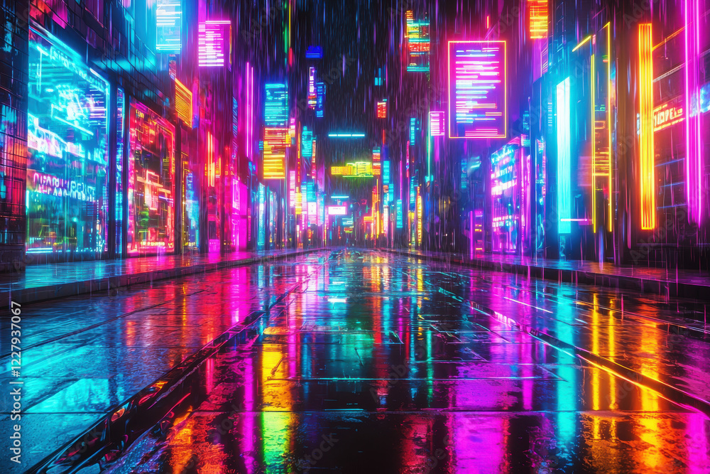 Futuristic cityscape illuminated by vibrant neon lights reflecting on wet streets at night