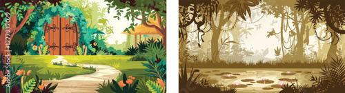 Two  colorful illustration of a Tropical rainforest scene, Background of a cartoon jungle.
