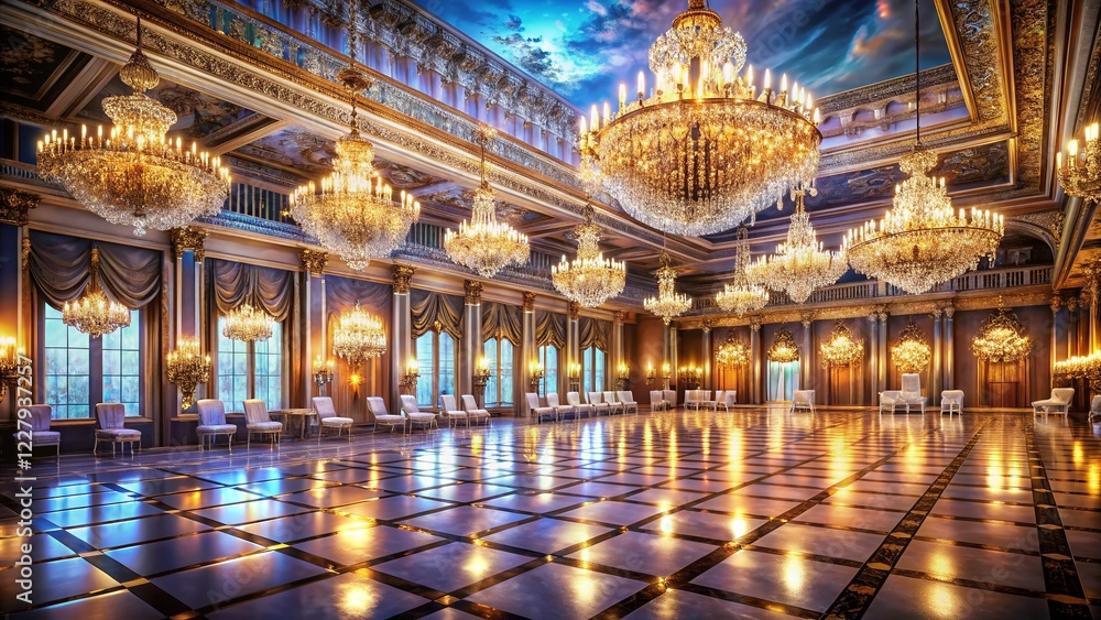 Obraz premium Grand Ballroom, Crystal Chandeliers, Luxurious Event Venue, Elegant Wedding Reception, Sparkling Decor