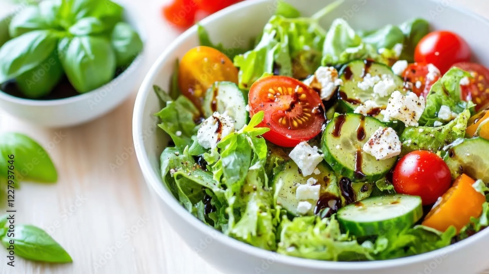 A fresh and vibrant salad bowl with mixed greens, cherry tomatoes, cucumbers A fresh and vibrant salad bowl with mixed greens, cherry tomatoes, cucumbers