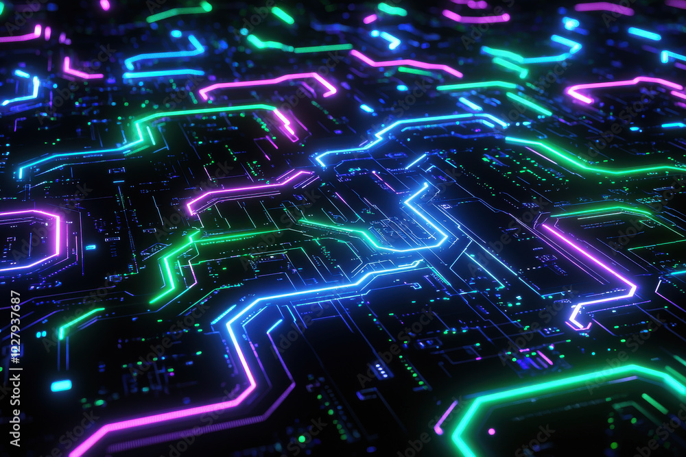 Fototapeta premium Futuristic neon circuits display intricate patterns in vibrant electric colors on a dark digital canvas