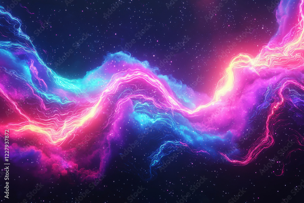 Futuristic design of glowing energy waves swirling dynamically through a dark cosmic void in radiant neon hues Futuristic design of glowing energy waves swirling dynamically through a dark cosmic void in radiant neon hues