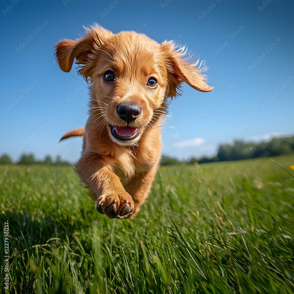 Playful puppy running in grassy field with motion blur. Joyful expression under bright blue sky Playful puppy running in grassy field with motion blur. Joyful expression under bright blue sky