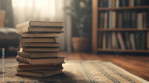 Stack of books on a rug in a cozy living room.