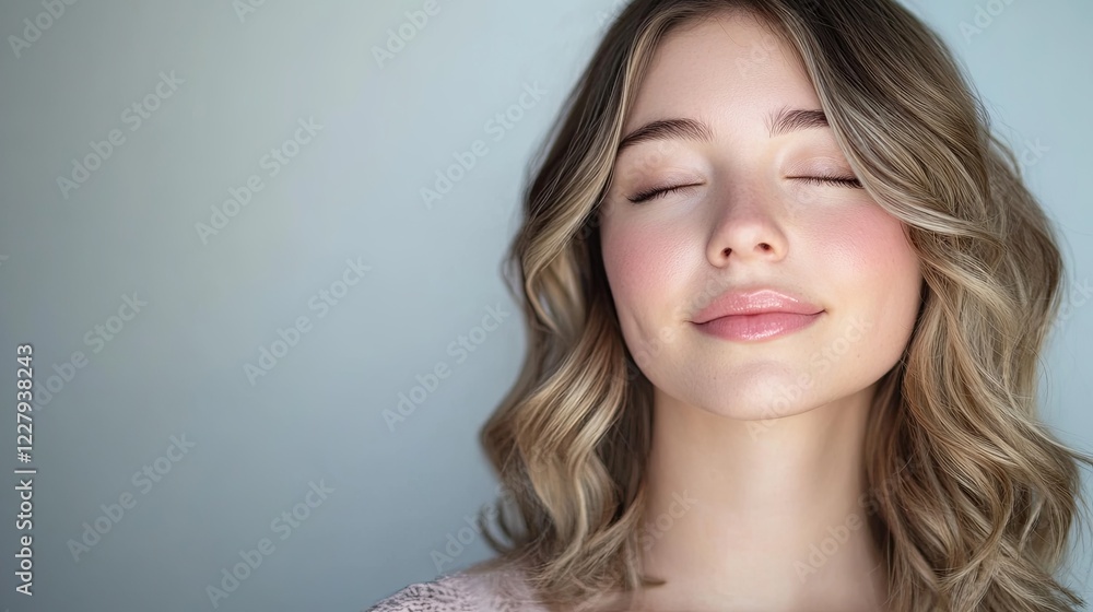 Fototapeta premium A close-up portrait of a beautiful young woman with brunette blonde ombre hair, and a serene expression, showcasing natural beauty and elegance and tranquility, professional studio portrait photograph