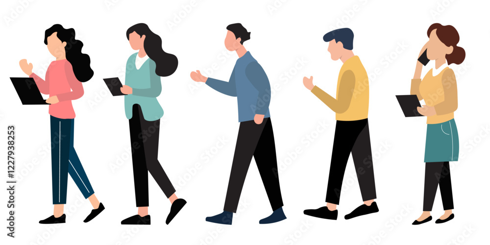 Obraz premium Flat illustration of five business professionals, walking and engaged in various activities, like working on laptops, talking on phones, and carrying documents.