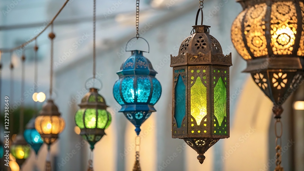 Colorful Hanging Ramadan Lanterns with Magical Glow Colorful Hanging Ramadan Lanterns with Magical Glow