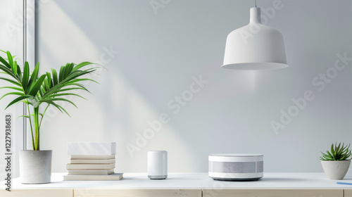 Wallpaper Mural A minimalist white desk with a potted plant, books, speaker, and lamp. Torontodigital.ca