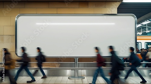 A large blank space on a billboard at a busy train station, with a clean white canvas suitable for any artwork, logo, or message