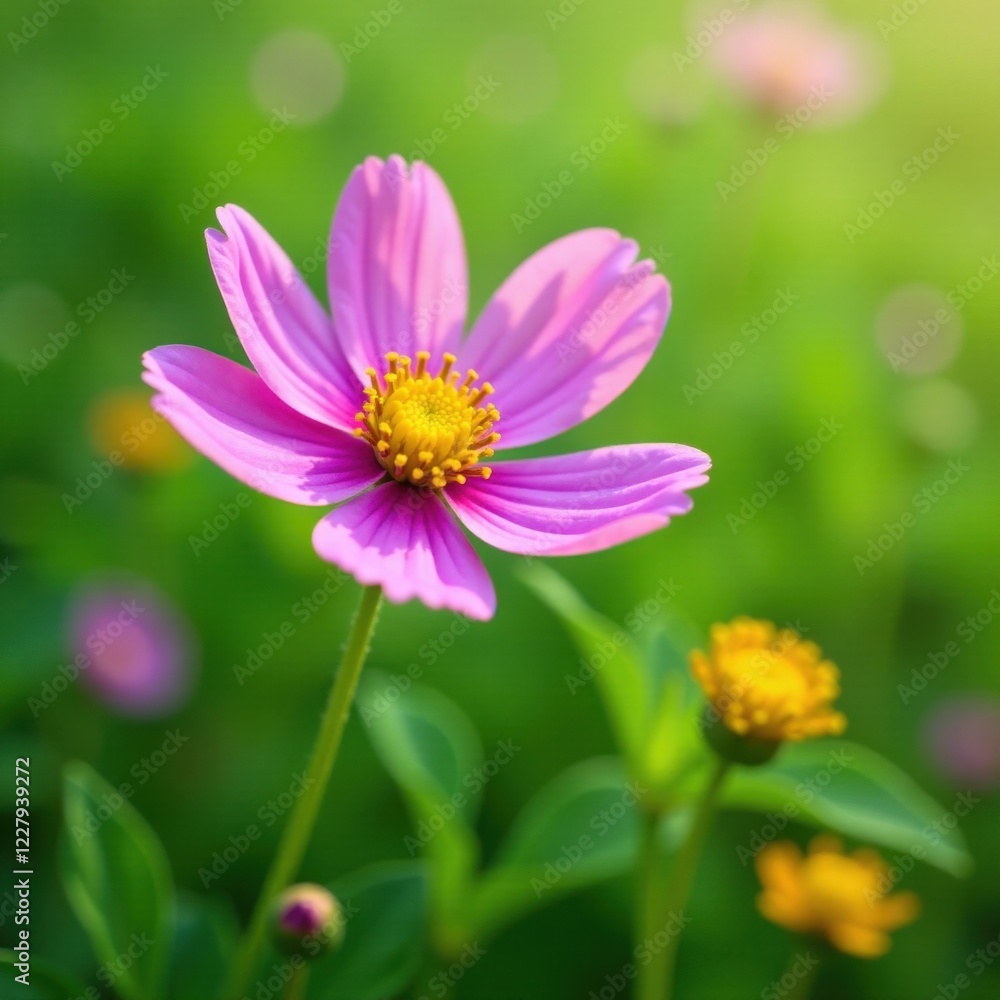 A delicate wildflower blooms in a lush green meadow, soft focus, natural A delicate wildflower blooms in a lush green meadow, soft focus, natural