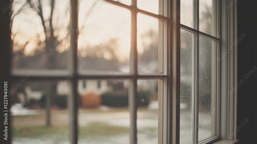 Fototapeta premium Sunlit winter scene viewed through a window pane.