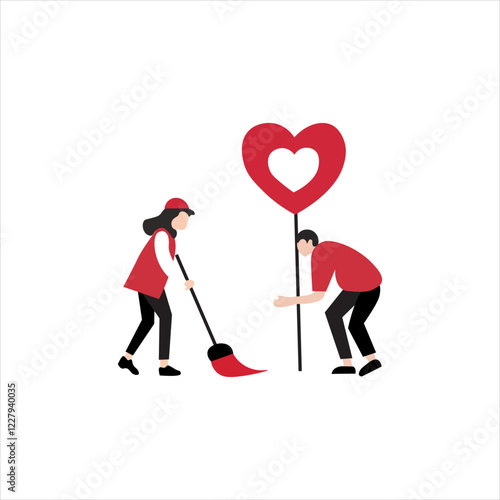 Two people in red uniforms are shown working together, one using a broom, the other positioning a large red heart-shaped decoration.