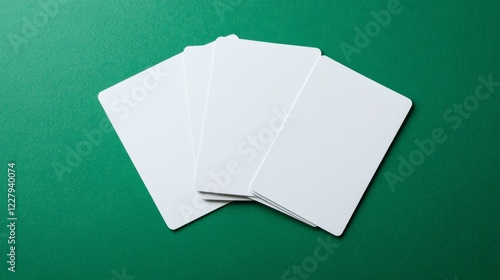 Playing cards mockup - realistic vector illustration set of four blank white paper or cardboard elements for poker game template. Empty mock up on green background for casino or gambling business.