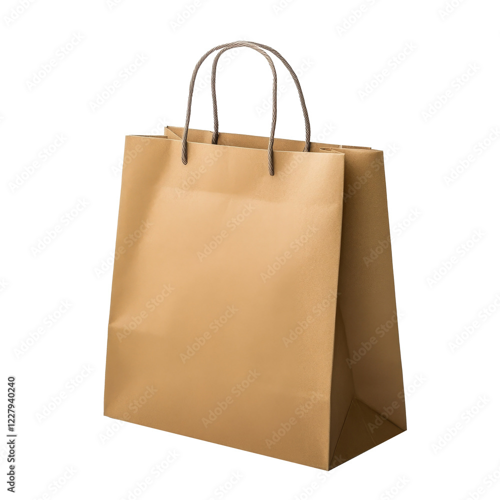 A photo of a brown paper shopping bag with a handle, isolated a clean white background A photo of a brown paper shopping bag with a handle, isolated a clean white background