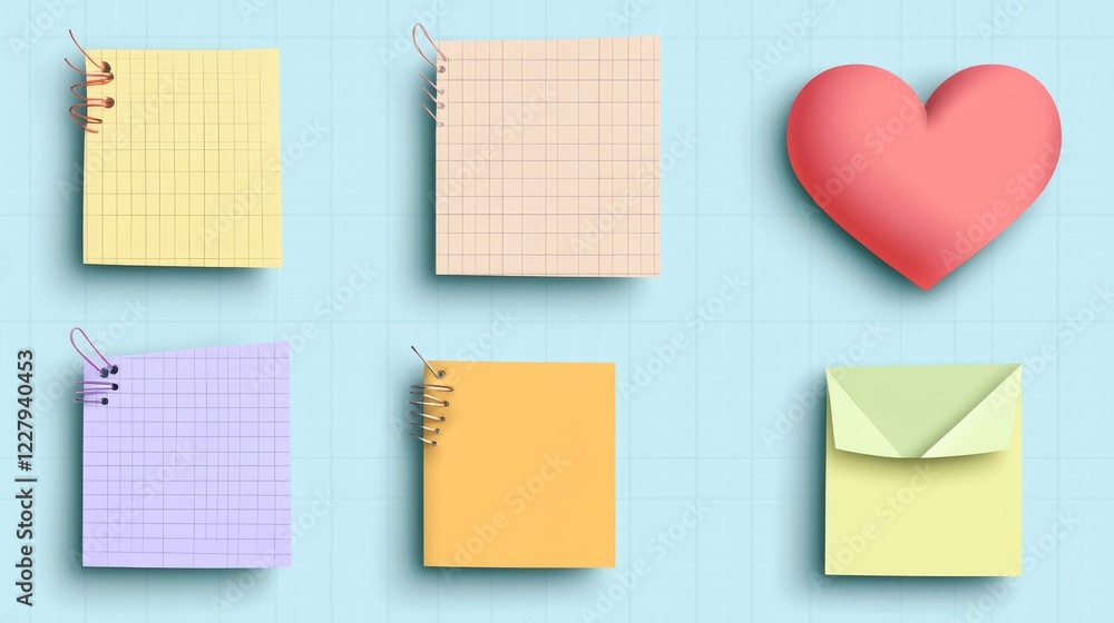 Paper stickers set isolated on transparent background. Vector realistic illustration of square, round, heart shape speech bubbles with notebook page design, message frames, dialog chat comments