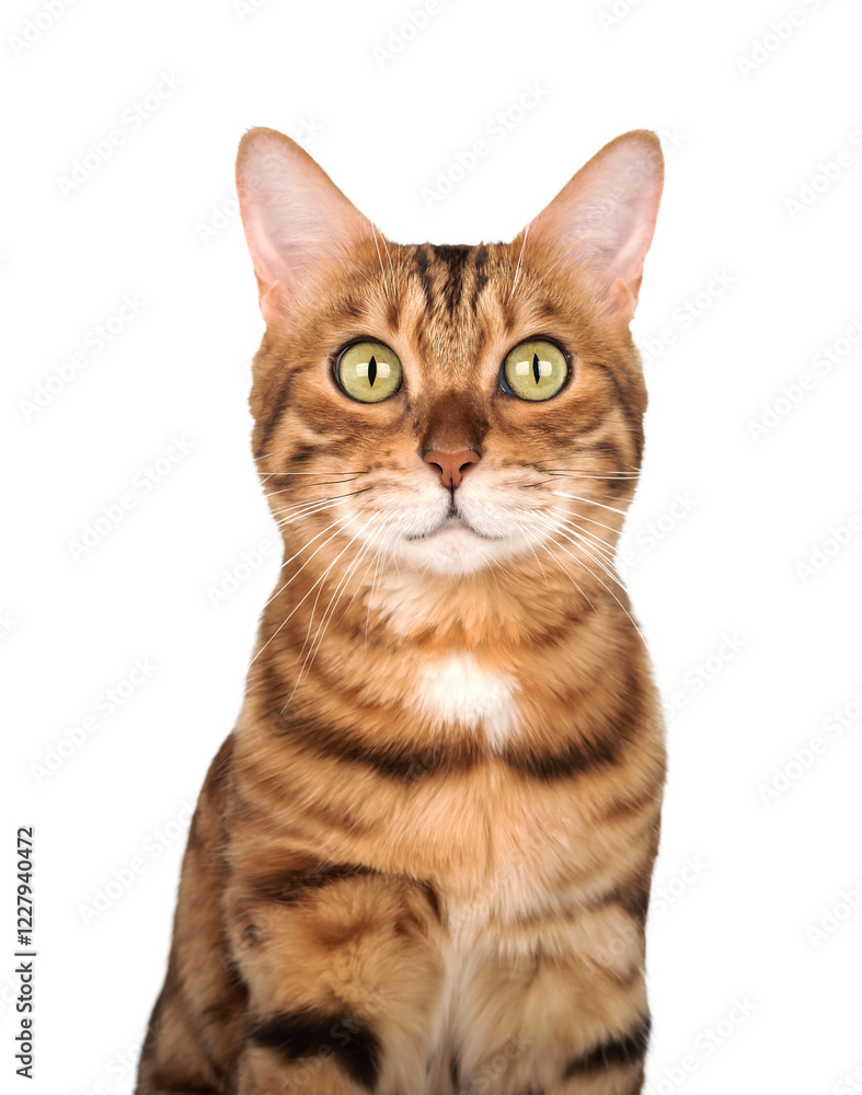 Studio portrait of an adult Bengal cat on a white background. Studio portrait of an adult Bengal cat on a white background.