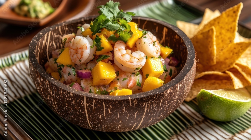 Delicious Shrimp Mango Ceviche in Coconut Bowl Delicious Shrimp Mango Ceviche in Coconut Bowl