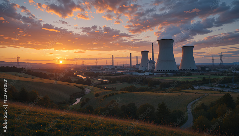 Obraz premium Modern Nuclear Power Plant with Cooling Towers and Steam Emissions