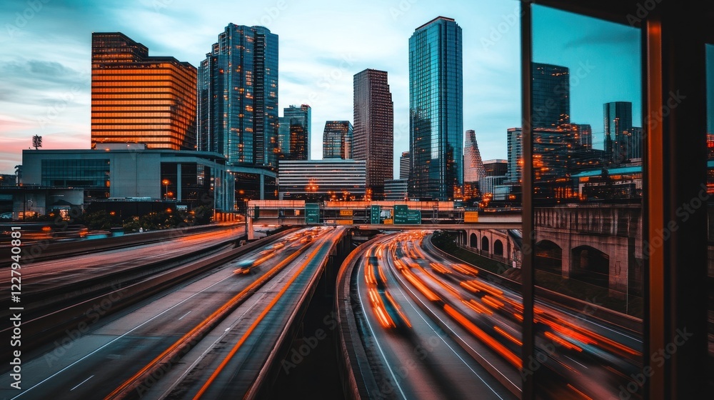 Obraz premium Cityscape at sunset, highway traffic light trails, urban buildings.