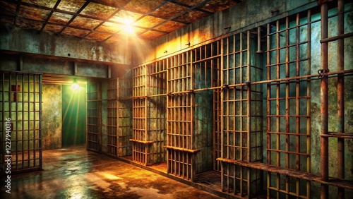 Wallpaper Mural Gritty Low-Light Prison Cell Bars: 3D Rendered Stock Photo of Old, Dirty Metal Prison Bars and Square Cells Torontodigital.ca
