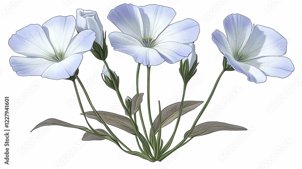 Fototapeta premium Blue flax flowers, botanical illustration, white background, design element
