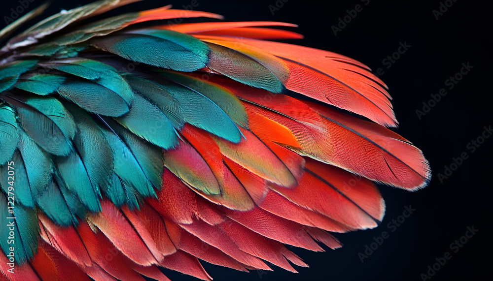 Fototapeta premium Beautiful bird feather on black background, closeup