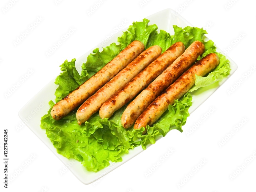 Prepared grilled sausages and green salad leaves Prepared grilled sausages and green salad leaves