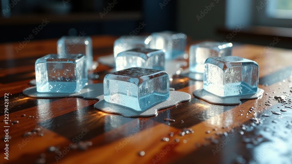 Fresh ice cubes melting on a wooden surface with sunlight and scattered water droplets Fresh ice cubes melting on a wooden surface with sunlight and scattered water droplets