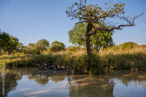 Tranquil Wetland Landscape with Boat and Lush Greenery in Gowainghat, Sylhet, Bangladesh photo