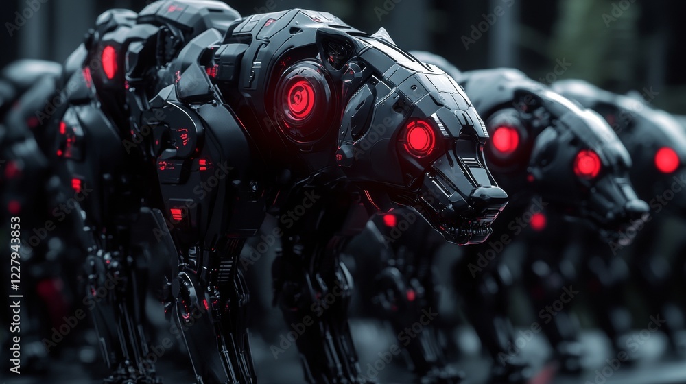 Evil animals robots wolf, puma, kangaroo, shark and grizzly bear. Robotics mechanical monsters cyborgs with red glowing eyes and black mechanical body. Cartoon electronic ai zoo machines, Vector set Evil animals robots wolf, puma, kangaroo, shark and grizzly bear. Robotics mechanical monsters cyborgs with red glowing eyes and black mechanical body. Cartoon electronic ai zoo machines, Vector set