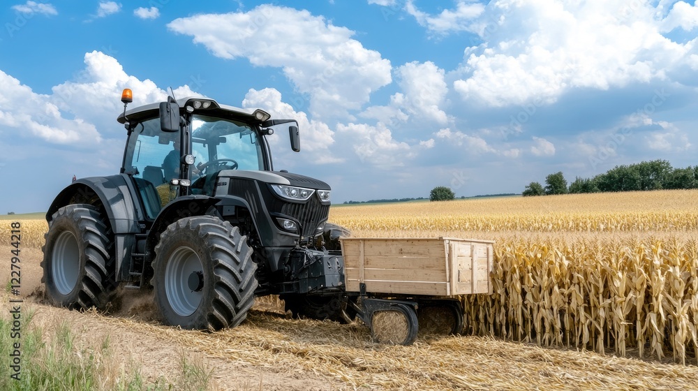 Farmer operates a tractor to plant corn seedlings in golden grain fields with a vibrant sky and clouds overhead Farmer operates a tractor to plant corn seedlings in golden grain fields with a vibrant sky and clouds overhead