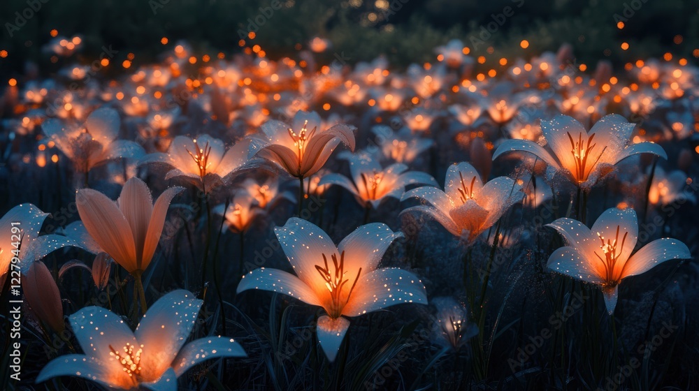 Obraz premium Glowing lilies field, night, fantasy, magical, background, wallpaper