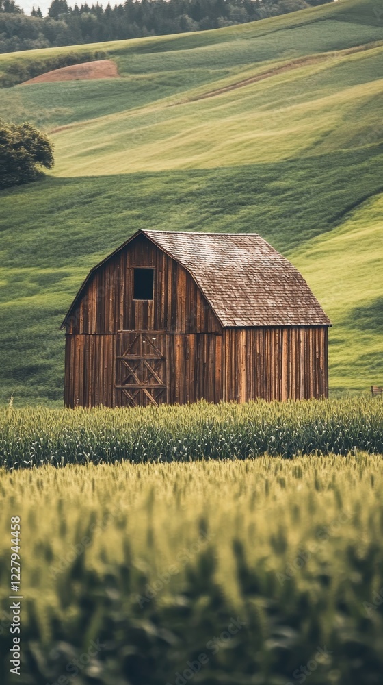 Obraz premium Rustic Wooden Barn in a Rolling Green Field