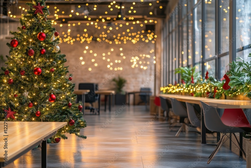 Obraz premium Modern office space is decorated for the holidays with christmas trees, lights, and festive cheer . celebration,