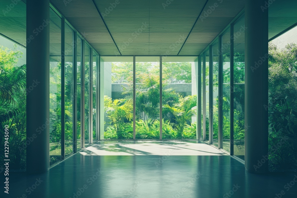 Fototapeta premium A modern interior with floor-to-ceiling glass walls overlooking a lush green courtyard filled with plants