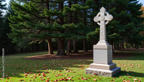 Tall cross-shaped tombstone with intricate carvings in an old cemetery surrounded by autumn leaves photo