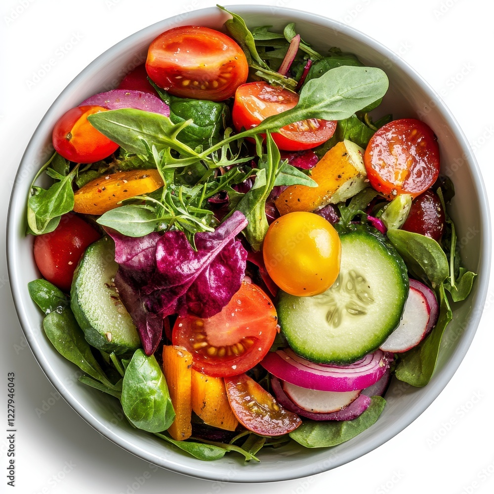 Vibrant Healthy Salad Bowl, fresh greens and colorful vegetables, white background, enticing and nutritious, ideal for wellness and cuisine themes Vibrant Healthy Salad Bowl, fresh greens and colorful vegetables, white background, enticing and nutritious, ideal for wellness and cuisine themes