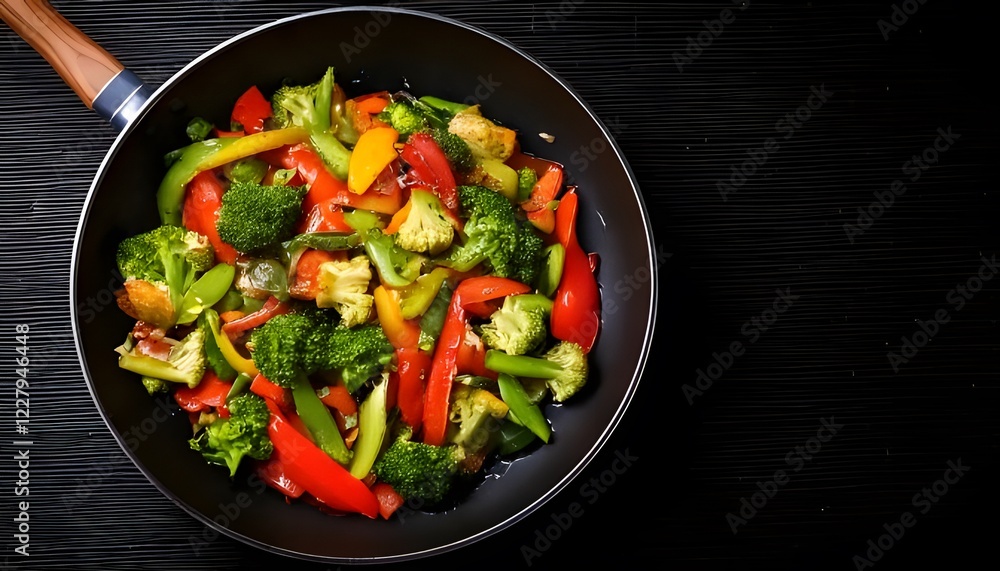 a vibrant vegetable stir-fry with a mix of colorful bell peppers, broccoli florets, and snap peas, sautéed to perfection. a vibrant vegetable stir-fry with a mix of colorful bell peppers, broccoli florets, and snap peas, sautéed to perfection.