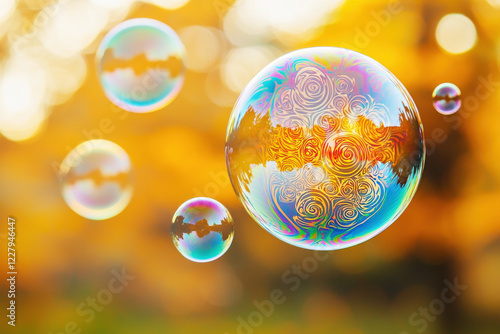 Colorful soap bubbles with intricate rainbow patterns floating softly in a blurred autumn background
