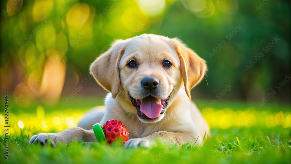 Happy Labrador Puppy Playing with Chew Toy in Green Lawn - Stock Photo Happy Labrador Puppy Playing with Chew Toy in Green Lawn - Stock Photo