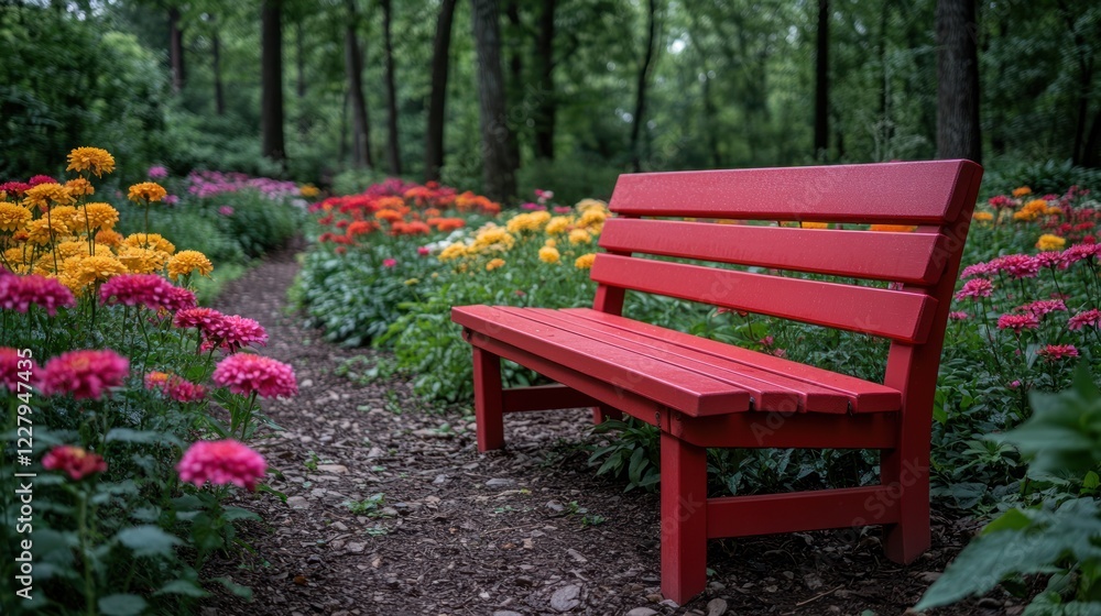 Red bench, garden path, flowers, forest, tranquility Red bench, garden path, flowers, forest, tranquility