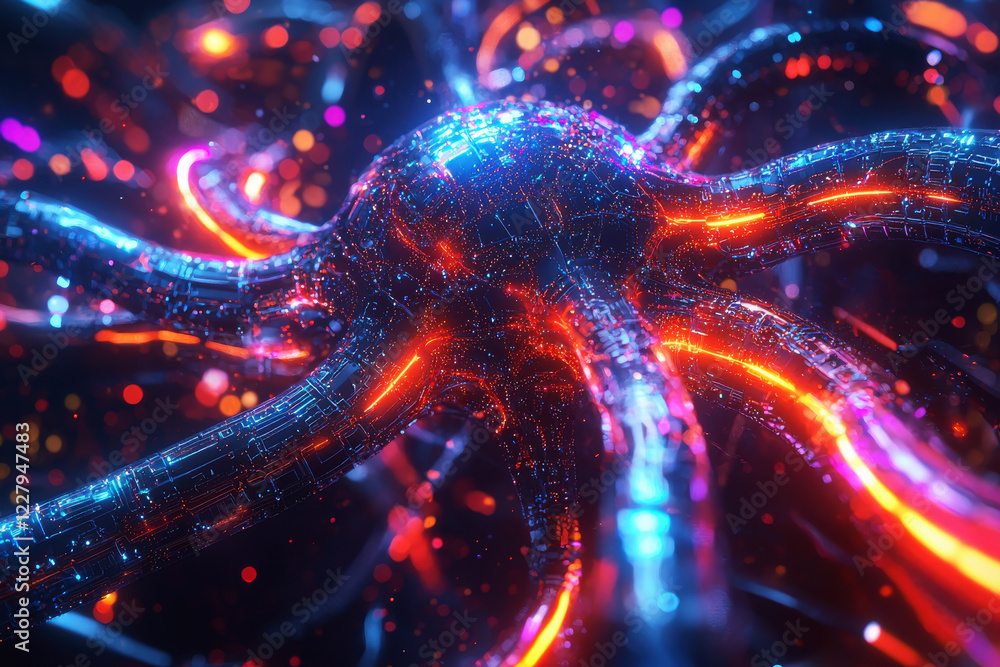 Glowing holographic neural network node with vibrant neon pathways and metallic details in macro view Glowing holographic neural network node with vibrant neon pathways and metallic details in macro view