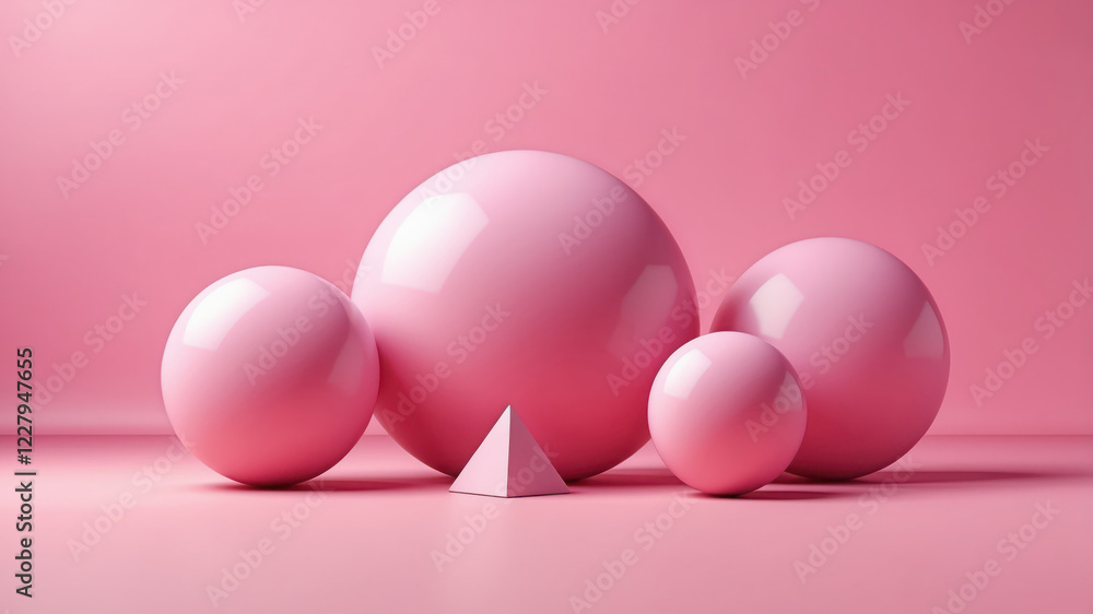 Fototapeta premium creative pink background with balls and small pyramid with copy space, concept of diversity, blend and contrsat