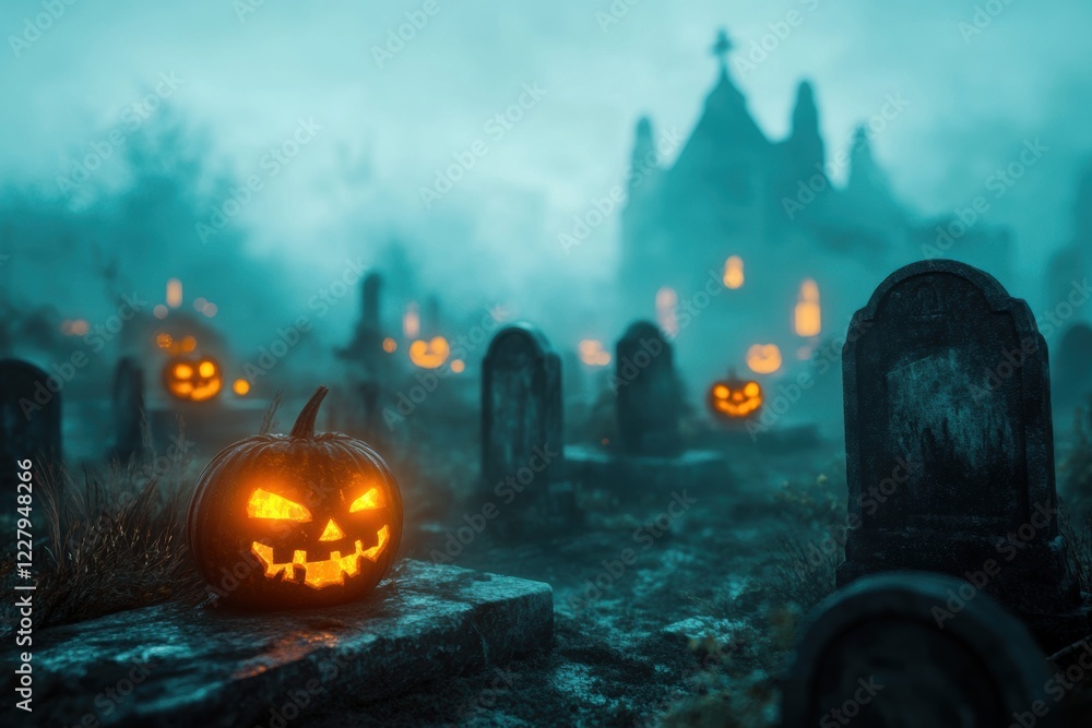 Mysterious Haunted House on a Foggy Halloween Night with Glowing Jack-o’-Lanterns, Flying Bats, and an Eerie Gothic Atmosphere Mysterious Haunted House on a Foggy Halloween Night with Glowing Jack-o’-Lanterns, Flying Bats, and an Eerie Gothic Atmosphere