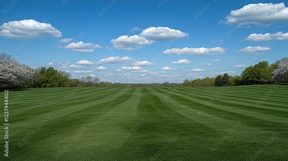 Fototapeta premium Lush green meadow filled with blooming wildflowers and dandelions under a clear blue sky, creating a tranquil spring atmosphere.
