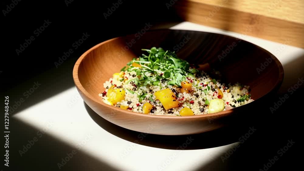 Quinoa salad with sweet potatoes and greens on top in a ceramic bowl Quinoa salad with sweet potatoes and greens on top in a ceramic bowl