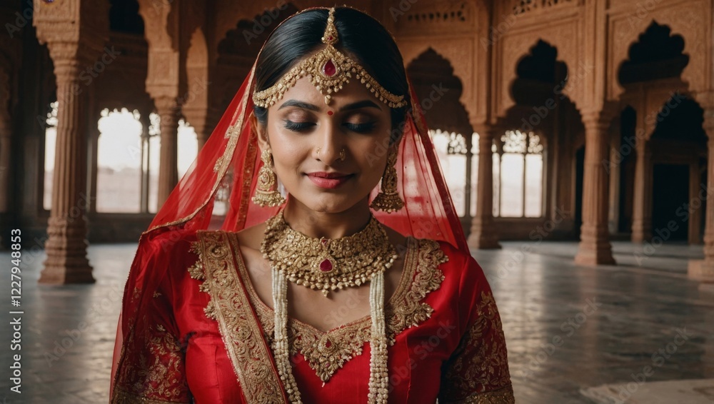Fototapeta premium A bride in a traditional Indian wedding dress with intricate gold jewelry and a red veil, standing in a grand palace
