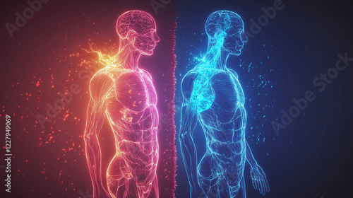 The outline of a healthy human body and a sick human body. Health. Nutrition. Dietary supplements. Biohacking