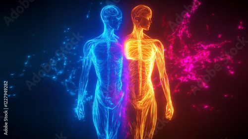 The outline of a healthy human body and a sick human body. Health. Nutrition. Dietary supplements. Biohacking