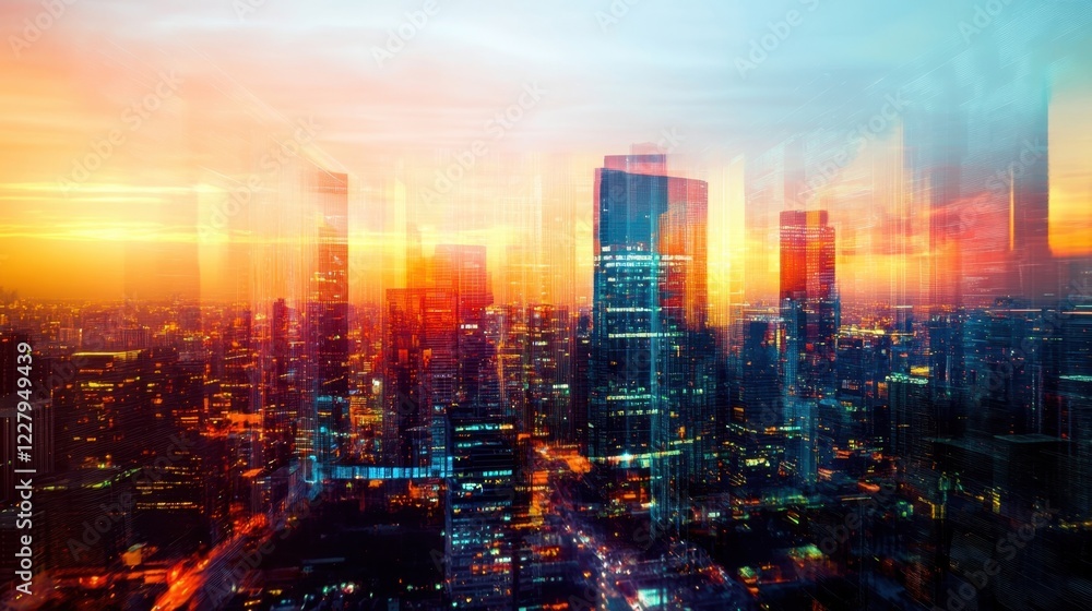 Creating a stunning futuristic cityscape, multiple exposures blend at sunset, showcasing dynamic light trails and vibrant orange and blue hues illuminating the skyline Creating a stunning futuristic cityscape, multiple exposures blend at sunset, showcasing dynamic light trails and vibrant orange and blue hues illuminating the skyline